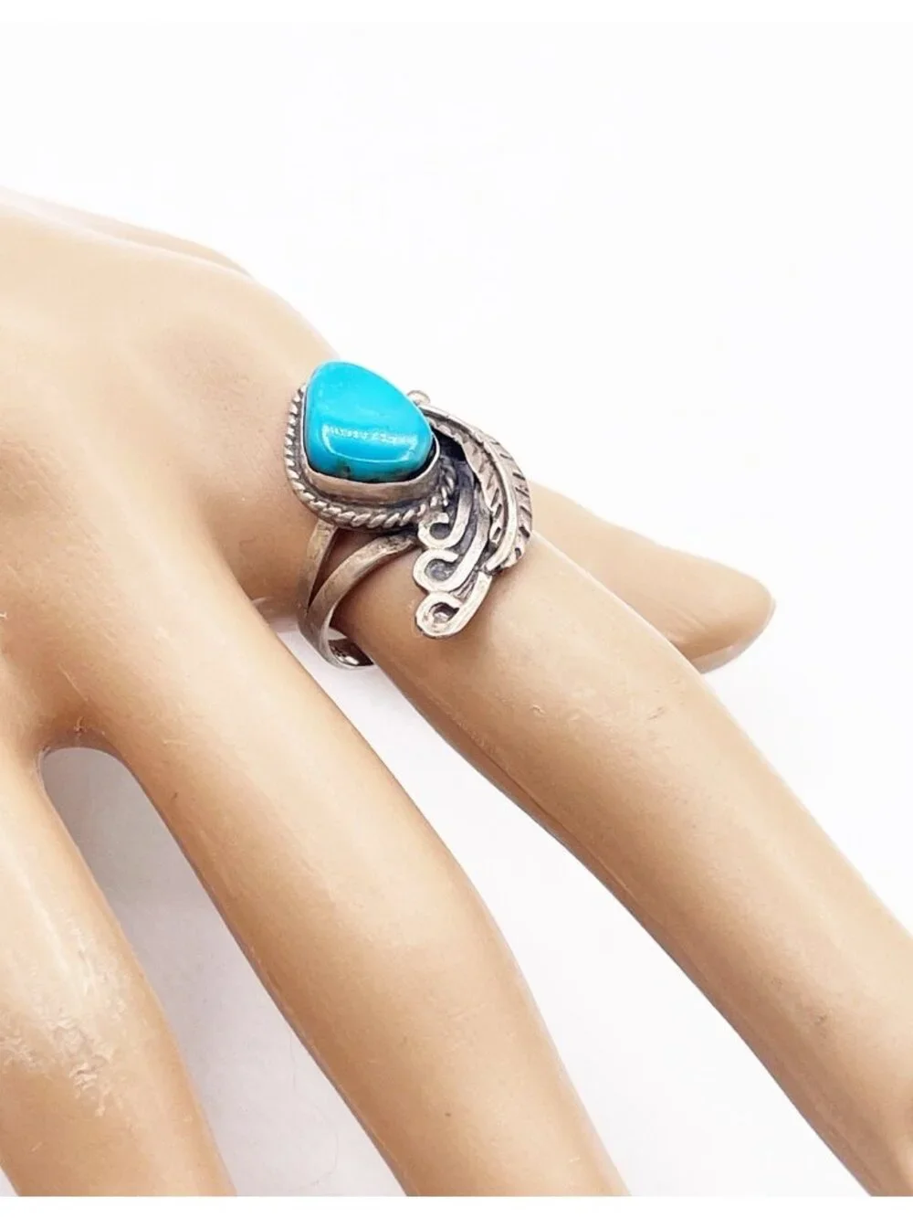 Vintage Mexican Plata 925 Sterling Silver Turquoise Leaf Statement Ring Size 7
